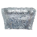 Anna-Kaci Womens Shiny Sequin Party Cropped Strapless Bandeau Stretch Tube Top, Silver, Large/X-Large