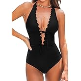 CUPSHE Women's One Piece Swimsuit Bathing Suits Halter Deep V Neck Self Tie Cutout Scalloped Swimwear