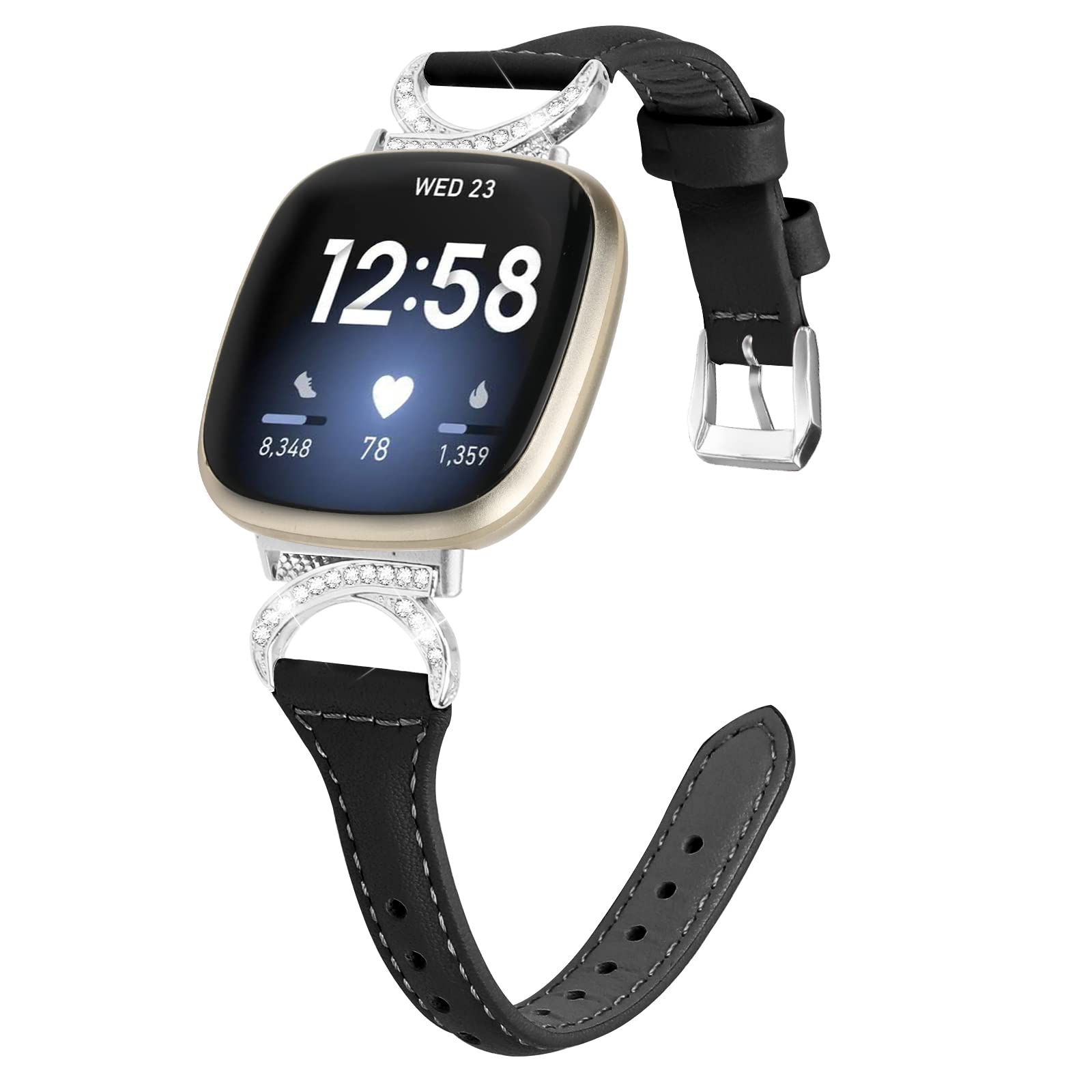 Gimuk Leather Strap Compatible with Fitbit Versa 4/Sense 2, Women's Genuine Leather Sport Band with Metal Bling Rhinestone for Fitbit Versa 3/Sense (Black)