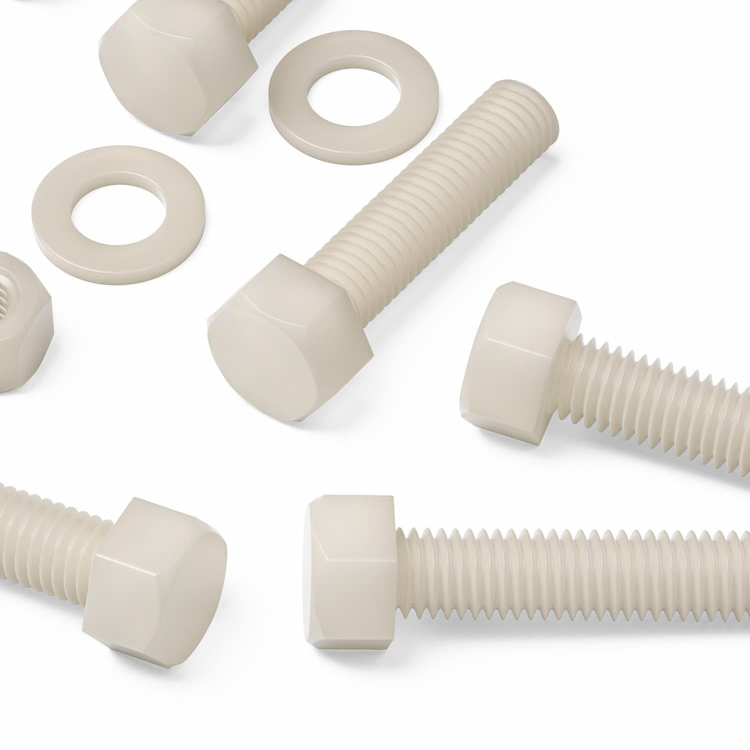 10x Natural Nylon Hex Head, M12 x 50mm, Plastic Nuts and Bolts, Washers, Hexagon, Nylon