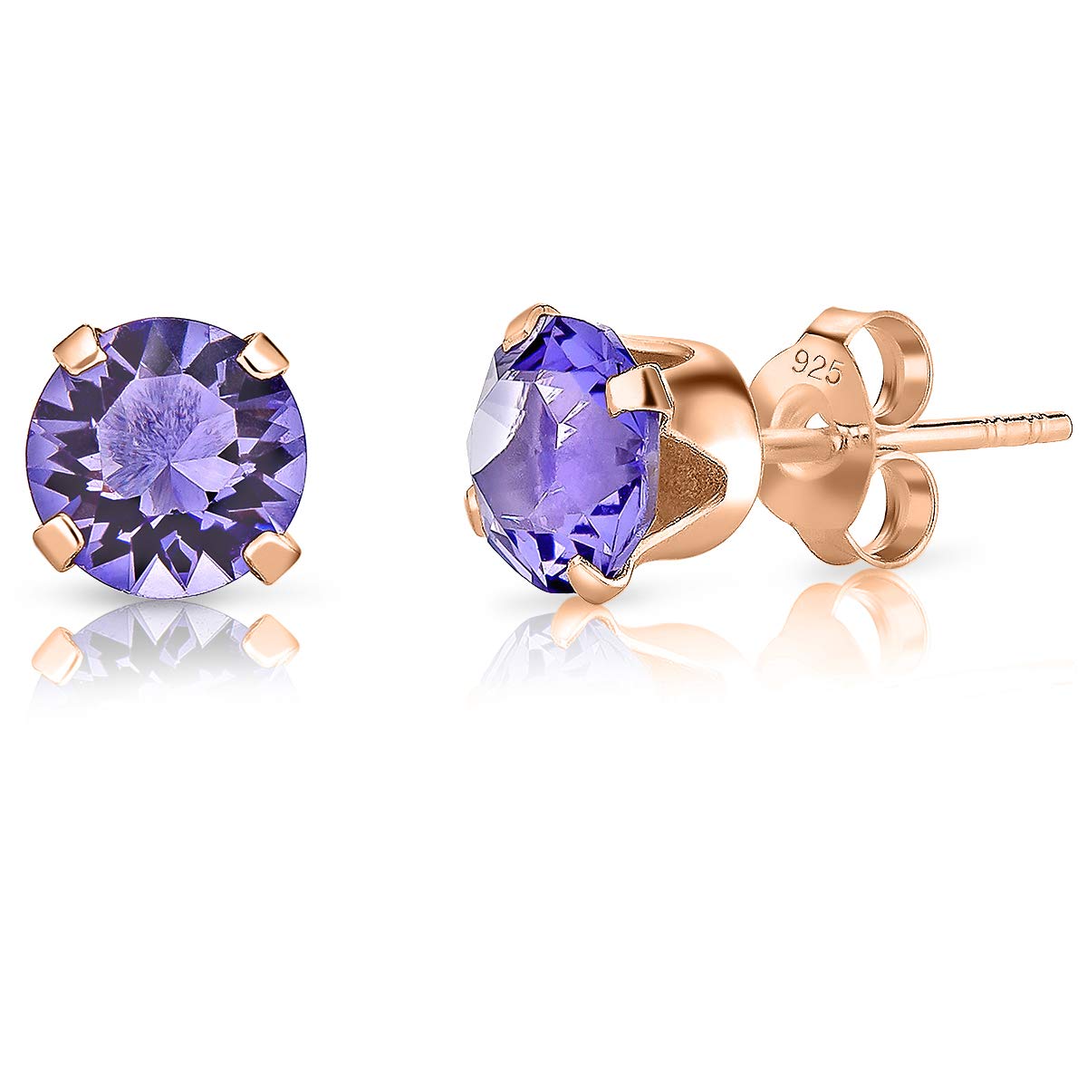 Tanzanite Earrings - Purple Earrings - 925 Sterling Silver Studs Earrings Rose Gold Plated with Crystal Light 6 mm - Rose Gold Stud Earrings - Round Stud Earrings for Women and Girls