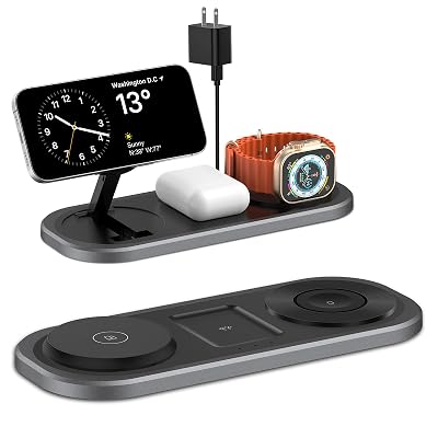 3 in 1 Fast Wireless Charger Stand for iPhone, Foldable Travel Charging Station for Magsafe for iPhone 17/Air/16/15/14/13/12 Series, Apple Watch Serie, AirPods pro/2/3/4, 2025 Christ mas Gifts (Black)