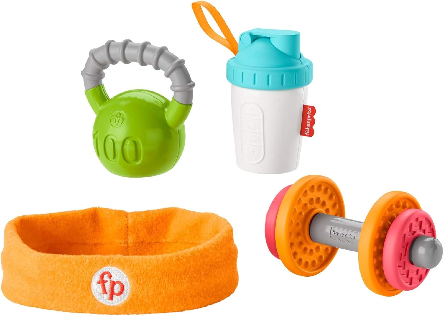Fisher-Price Baby Biceps Gift Set, 4 fitness-themed baby toys with wearable costume bib, rattle and teether for babies ages 3 months and older: Toys & Games