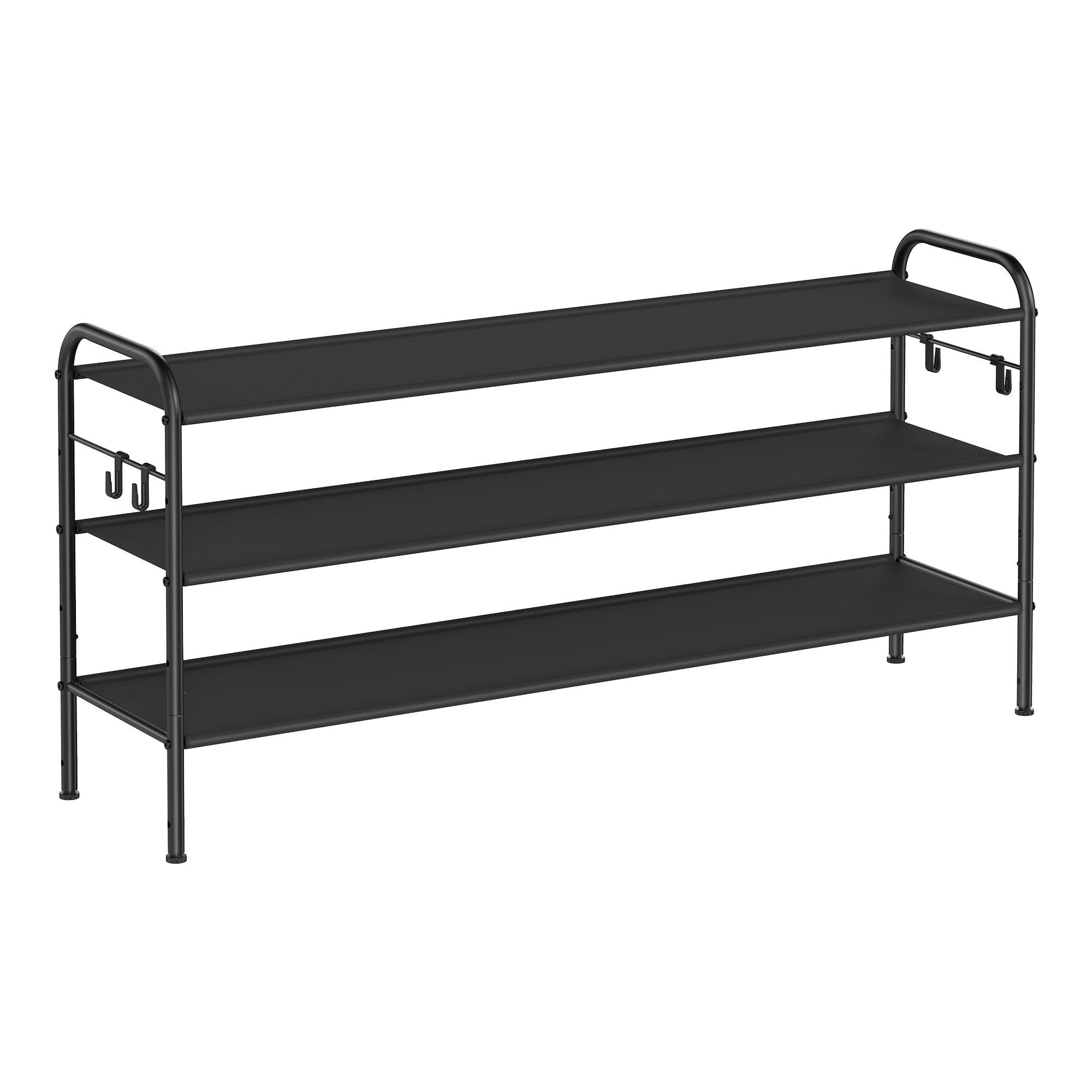 SONGMICS Shoe Rack, 3-Tier Shoe Organiser, Fabric Shoe Shelf Storage with 4 Hooks, Holds up to 18 Pairs of Shoes, Height-Adjustable Shoe Rack for Entryway, Hallway, Closet, Easy Assembly, Ink Black