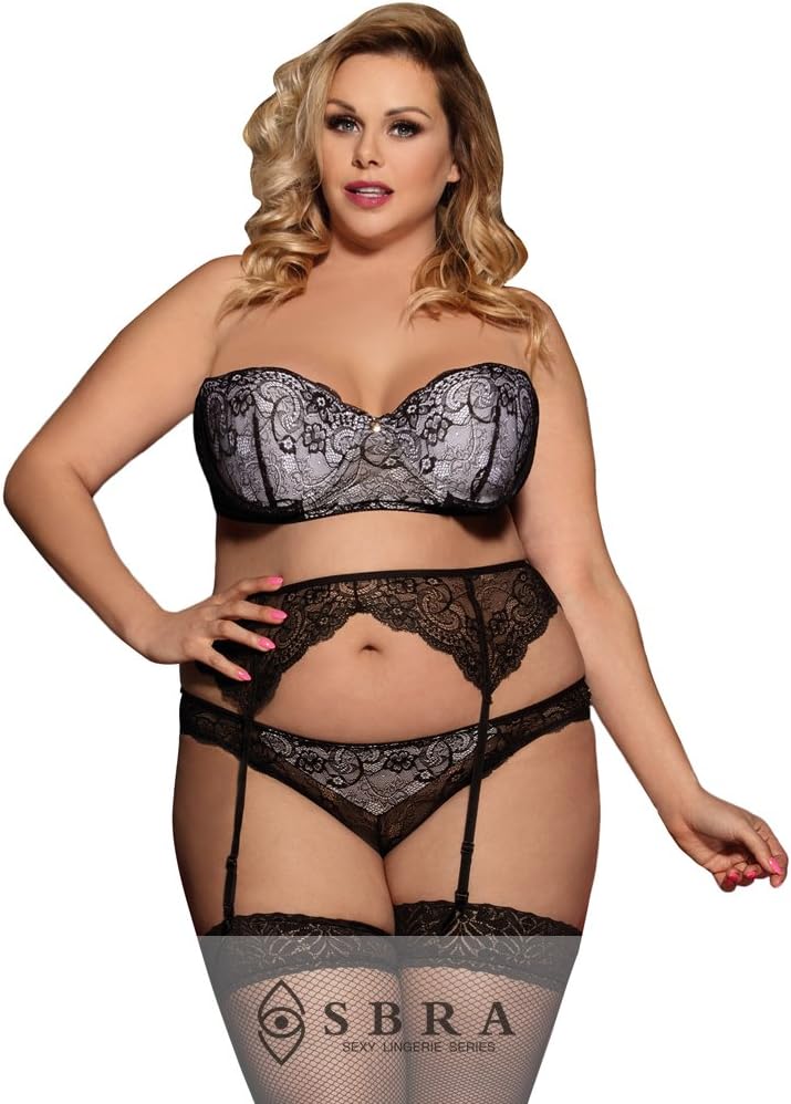 Sbra Women Plus Size Corset Bra and 4-Strap Garter Belt with Stocking Lingerie Sets