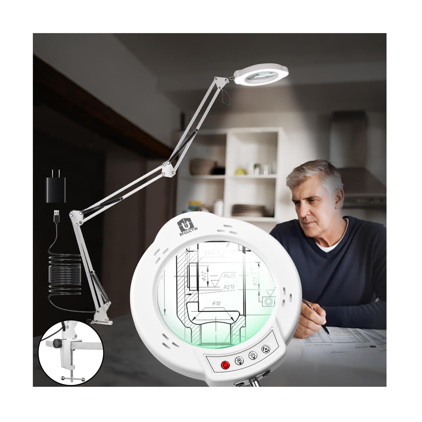 Photo 1 of 15X Magnifying Desk Lamp with Light, 5 Color Modes & Stepless Dimming, 3-Section Swing Arm with Clamp/Stand for Crafts/Jewelry Repair/Reading (84 LEDs, Real Glass Lens) (White)
