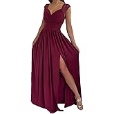 ECDAHICC Womens Sexy Wrap V-Neck Dress Sleeveles Ruched Empire Waist Bridesmaid Wedding Guest Maxi Dresses
