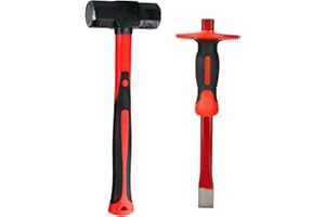 Acrux7 3lb Sledge Hammer & Masonry Chisel with Hand Guard, Heavy Duty Octagonal Sledge Hammer and Flat Chisel with Anti-Slip Handle for Tile, Concrete, Rock, Brick