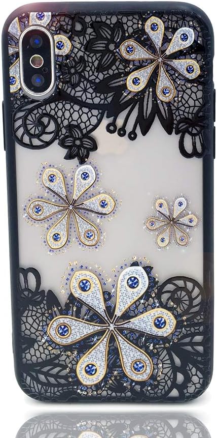 HUIYCUU Case Compatible with iPhone Xs Max Case,Mandala Glitter Black Henna Lace Flower Slim Fit Soft Bumper Matte Shockproof Hard Back Cover Girls Glossy Design for iPhone Xs Max Plus, Beige Floral