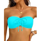 Tempt Me Women Strapless Bandeau Bikini Top Swim Bra | Non-slip, Built-in Soft Cups for Support, Adjustable Drawstring Front Tie with Bowknot, Halter Convertible Style