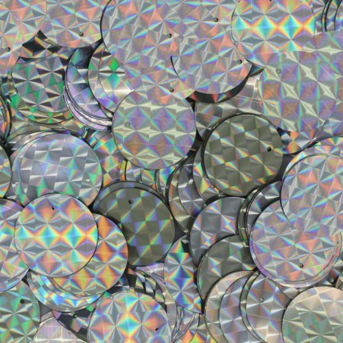 20mm Flat Round SEQUIN PAILLETTES ~ SILVER Prism Multi Reflective ~ Loose sequins for embroidery, bridal, applique, arts, crafts, and embellishment. Made in USA.