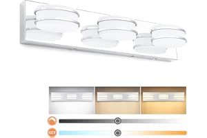 GOODATE 3 Color Temperature Dimmable Bathroom Light Fixtures over Mirror LED Chrome 3 Light Bathroom Vanity Light Fixtures Acrylic Stainless Steel Oval Shade Vanity Lights for Bathroom, ETL Certificated