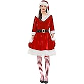 Frojuly Mrs Claus Costume for Women 5PCS Adult Miss Clause Santa Dress Plus Size Christmas Outfit Hat Gloves Belt Stockings