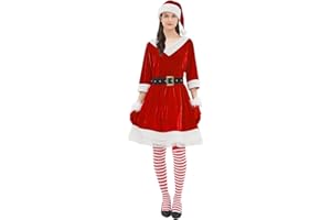 Frojuly Mrs Claus Costume for Women 5PCS Adult Miss Clause Santa Dress Plus Size Christmas Outfit Hat Gloves Belt Stockings