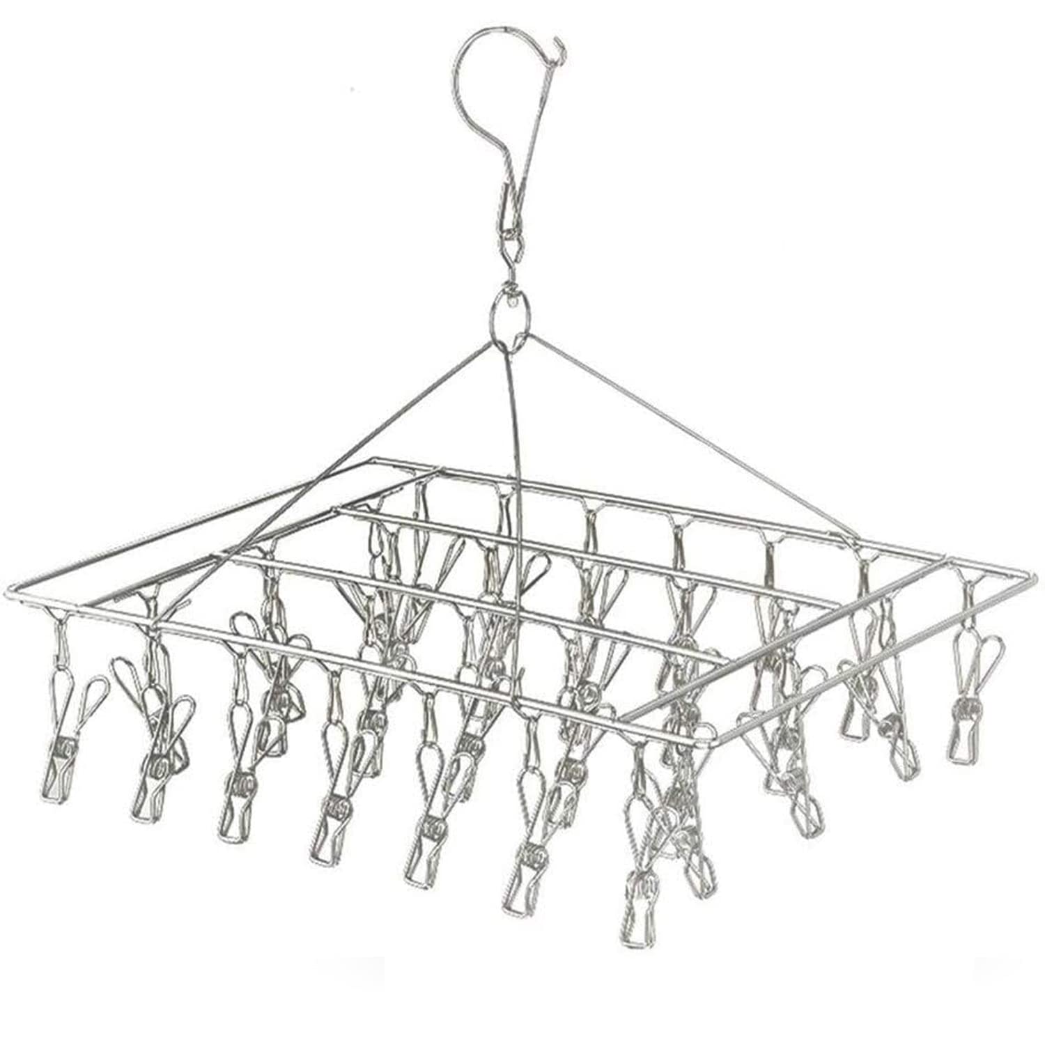 FXDM Metal Sock Hanger, Stainless Steel Drying Rack with 40pcs Pegs and Swivel Hook, Windproof Laundry Metal Square Hanger for Socks, Underwear