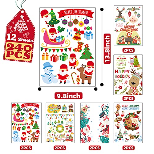 BigOtters 240PCS Christmas Window Cling Stickers, 12 Sheets Christmas Snowflake Window Clings Stickers for Glass Xmas Window Decals Decorations Holiday Snowflake Santa Claus Reindeer Decals for Party