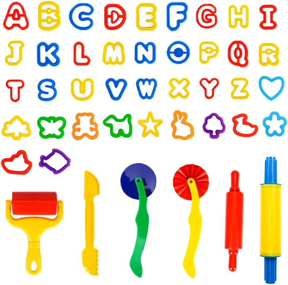 Spiel 44 PCS Play Dough Tools Set With Animal and Letters Modeling - Clay Play Accessories Include Cutters, Molds, Rollers, Alphabet, Animals Shape Models and Mega Molds, Assorted Colors