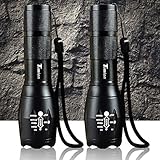 Timlon 2 Pack LED Tactical Flashlight Cree XM-L T6 2000 Lumen 5 Switch Modes Adjustable Focal Length Zoomable and Water-Resistant LED Flashlight(Black)