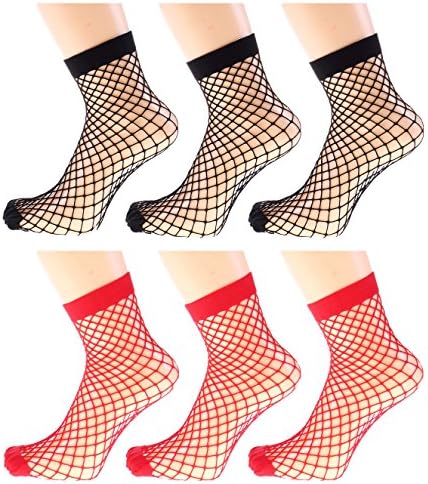Women Colorful Fishnet Socks.Hollow out Fishnets Socks Sox.6 Pairs (One Size US 5-8.5, Black Red)