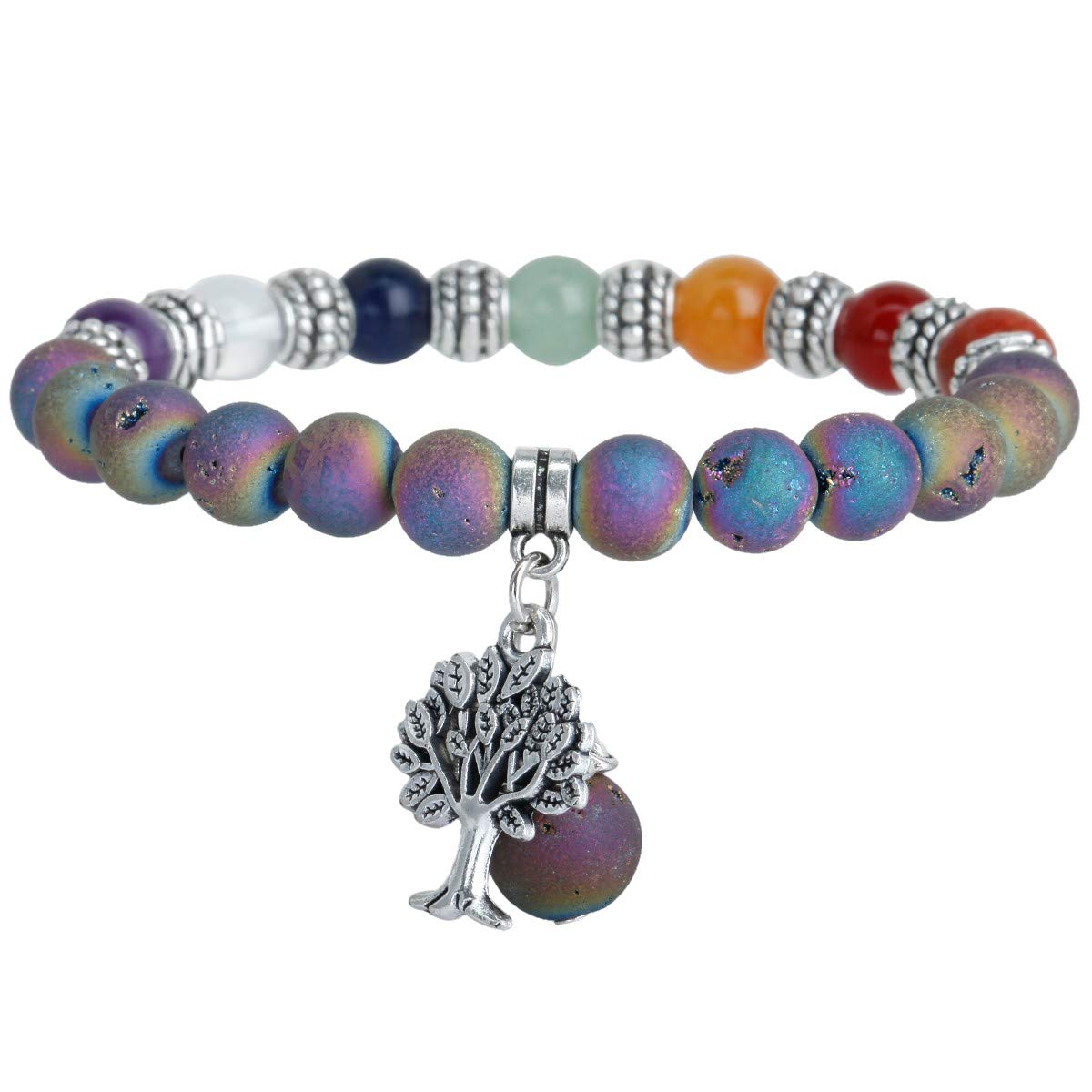 mookaitedecor Titanium Coated Rainbow Geode Agate Semi Precious Gemstone Stretch Bracelet with Tree of Life, Healing Crystal Chakra Stone Beads Bracelet Colourful Good Luck Jewellery Gift for Women