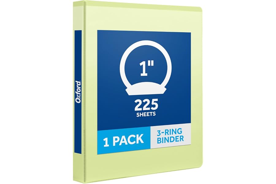Oxford 1 Inch 3 Ring Binder, Light Green, Holds 225 Sheets, 2 Pockets | Round rings, clear view covers for custom inserts. PVC free, non stick.