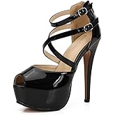 MAIERNISI JESSI Women's Platform High Heel Sandals, Peep Toe, Crisscross Straps, Strappy Ankle Buckle, Zip, Stiletto Heels