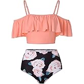 Kaei&Shi High Waisted Flounce Bikini Set,Tummy Control Swimsuits for Women,Off Shoulder