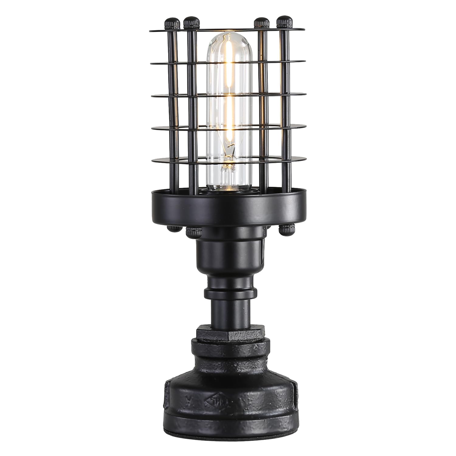 Kaj Hejmo Vintage Industrial Steampunk Desk Lamp with Lampshade Ring, Water Pipe Bedside Table Lamp, E27 LED Edison Table Desk Lights Bedroom Living Office Home Decor (1 Set, Black-Cylinder)