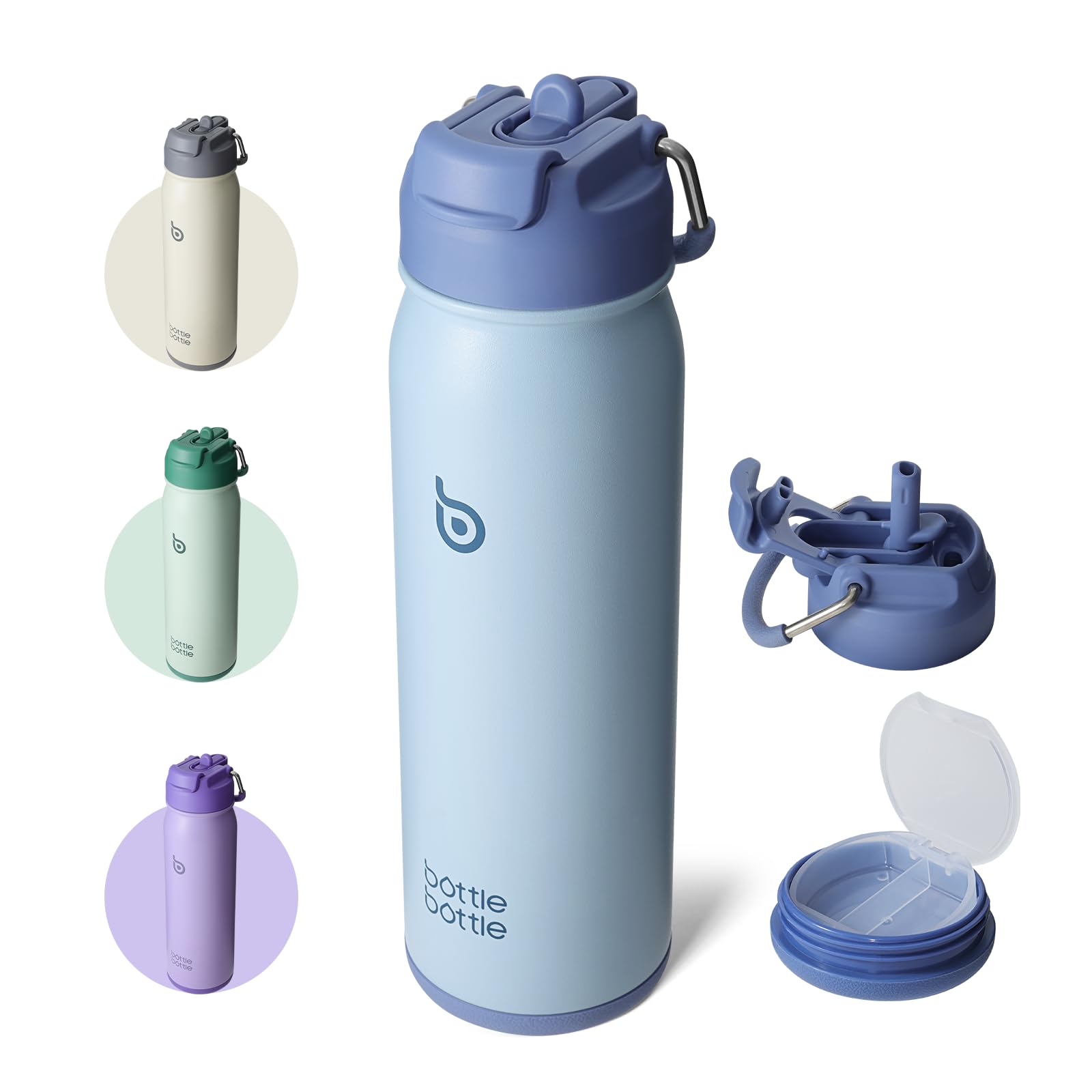 BOTTLE BOTTLE Insulated Water Bottle Stainless Steel 700ml（24oz） Bike Water Bottles with Straw and Adjustable Lid Daily Drink Flask Pill Organizer (blue)