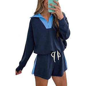 Fisoew Womens 2 Piece Outfits Quarter Zip Sweatshirt Shorts Sets Sweatsuits | Collared, Oversized, Long Sleeve, Half Zip, Col