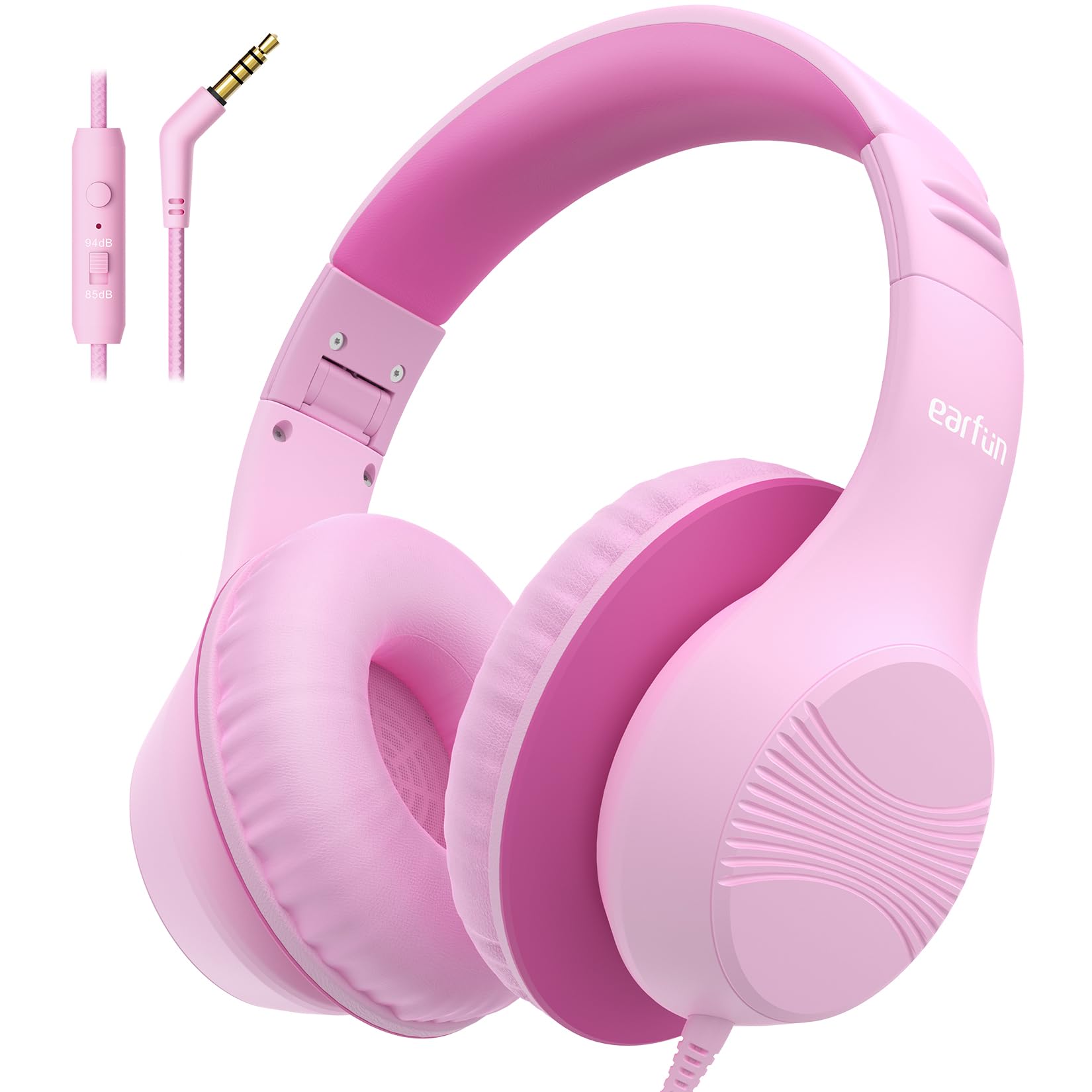 EarFun Kids Headphones Wired Over Ear Foldable Headphones with Microphones, 85/94dB Safe Volume Limit, HD Stereo Sound, 3.5mm Jack, School/Travel/Boys/Girls/Teen/Tablet/Pad, Pink