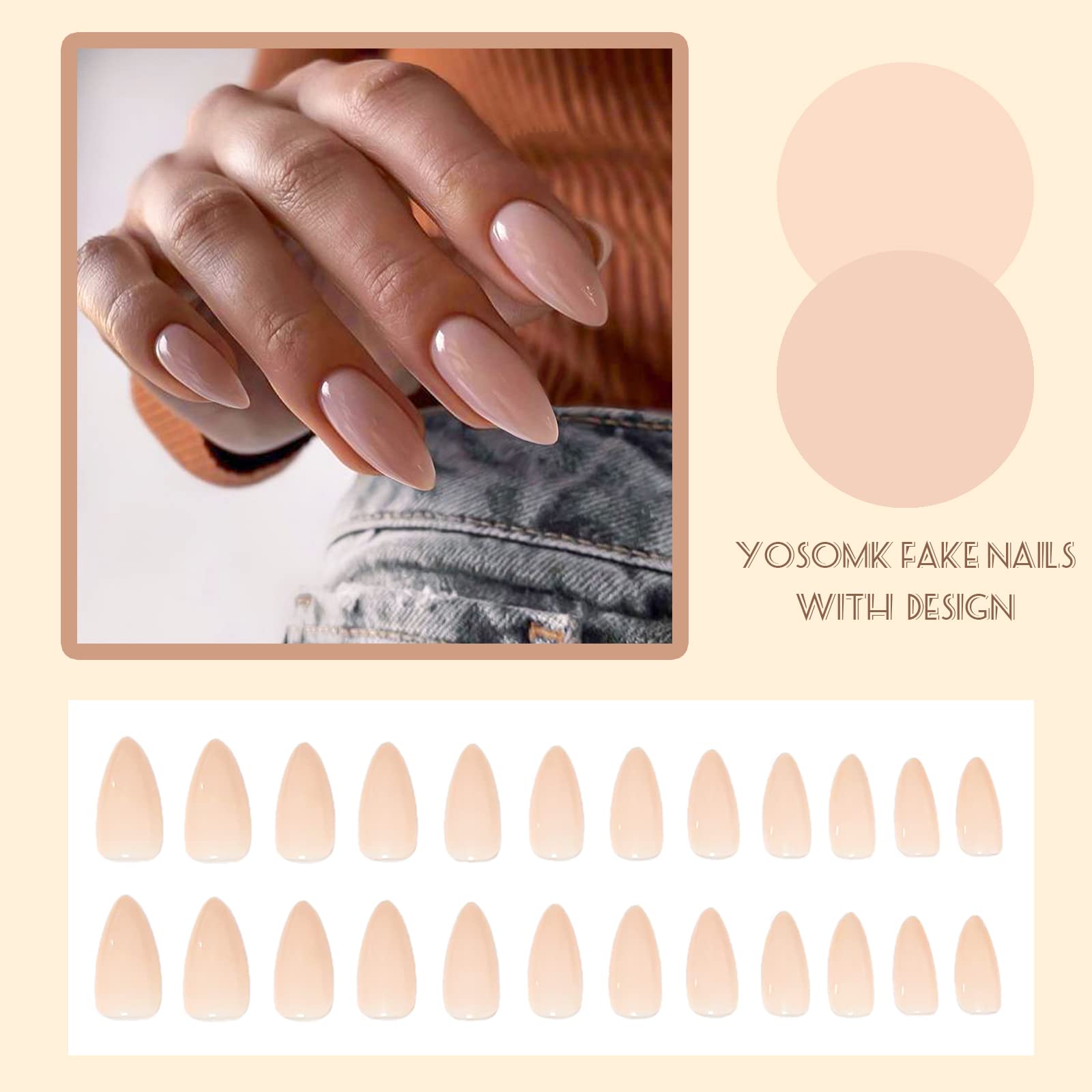 YOSOMMK Nude Press on Nails Almond Shaped Fake Nails Medium Glossy Stick on Nails Natural Full Cover False Nails Acrylic Glue on Nails for Women - Image 3