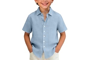 Boys Cotton Linen Shirts Summer Collared Short Sleeve Button Down Polo Tops Teen Casual Loose Lightweight Breathable
