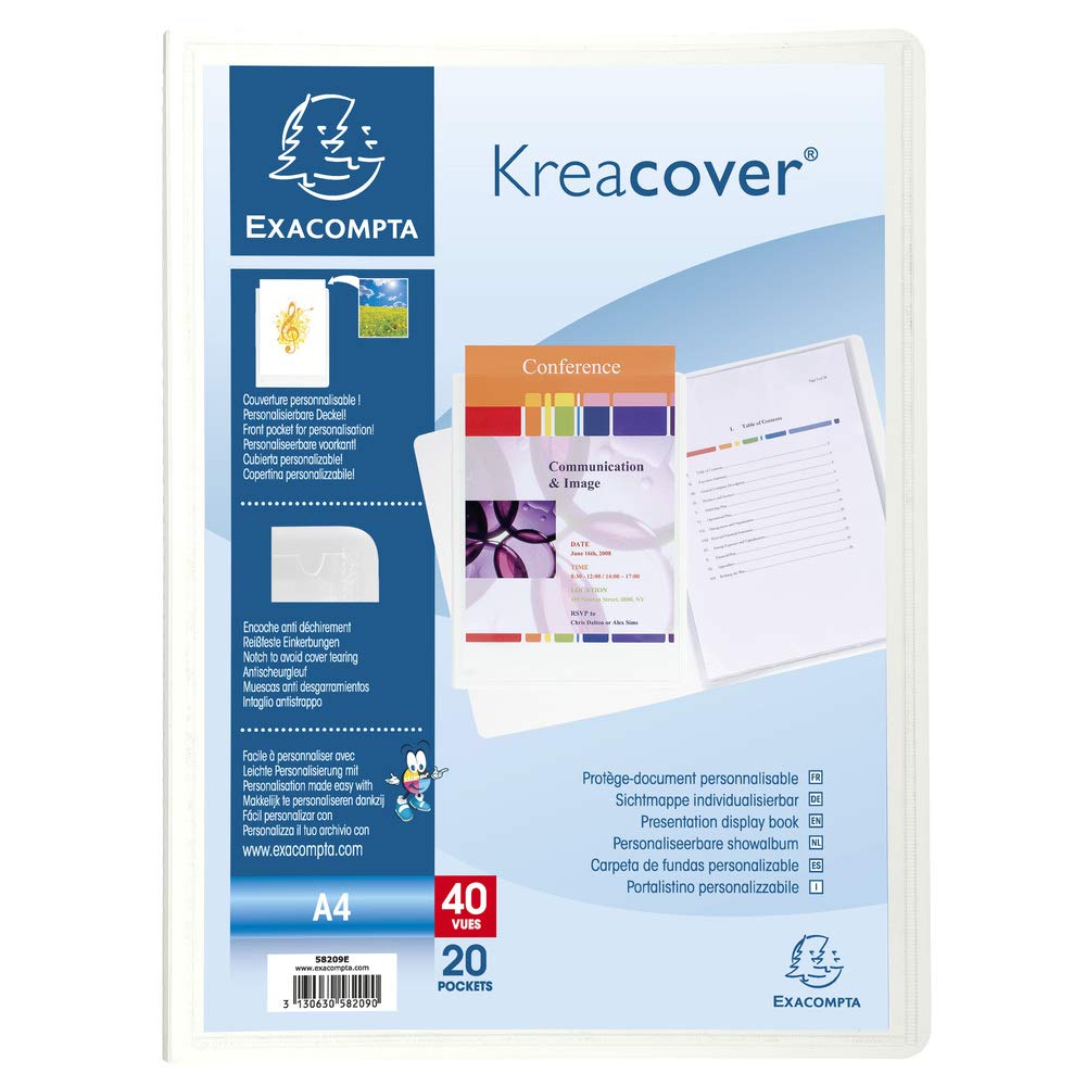 Exacompta - Ref 58209E - Kreacover Collection - Opaque Rigid PP Display Book - 240 x 320mm in Size, Suitable for A4 Documents, 20 Pockets, 40 Viewing Pages - White
