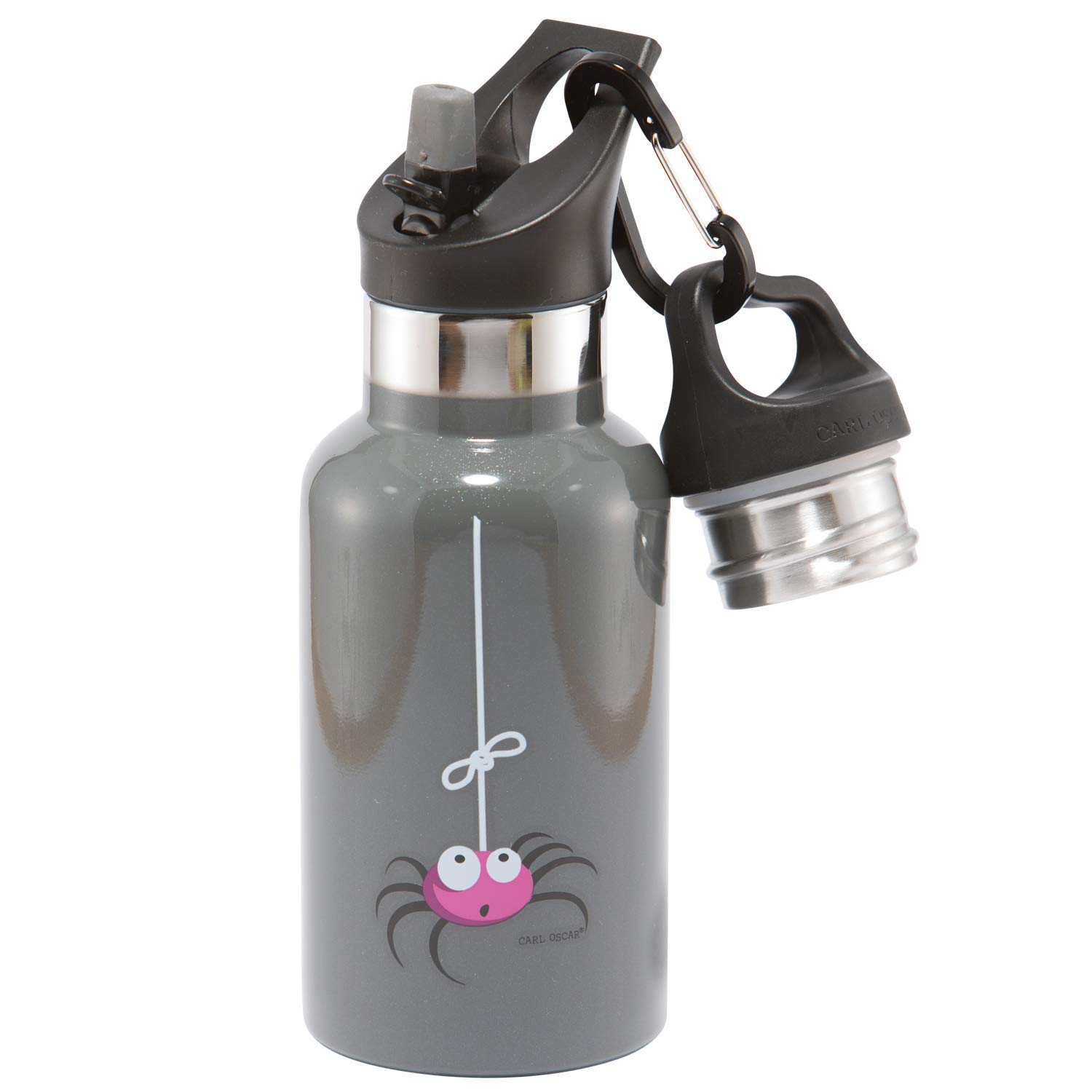 Carl Oscar Double-Walled Thermos Bottle for Children - Vacuum Flask Keeps Drinks Warm for 10 Hours, Cold for 24 Hours. 0,3 Liter in Comes with 2 Lids, and Straw. In Grey