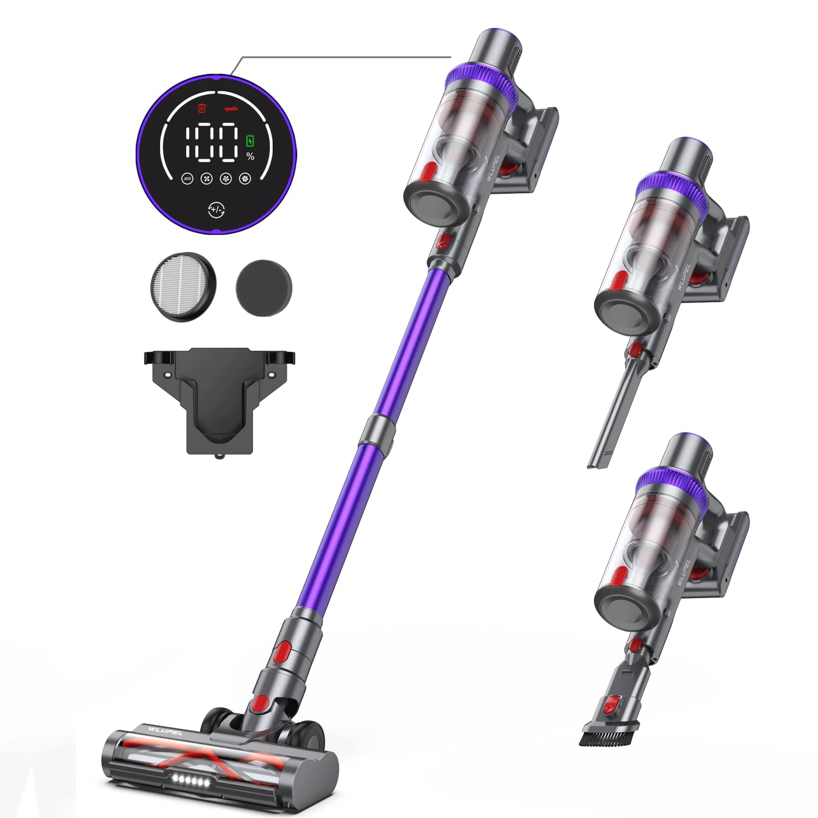 Cordless Vacuum Cleaner, 38Kpa Stick Vacuum Cleaner, 450W Handheld Vacuum with LED Touch Screen, 55mins Runtime for Pet Hair, Carpet and Hardwood Floor(KB-H015)