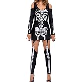 FEORJGP Women Halloween Skeleton Dress Outfit Cold Shoulder Long Sleeve Scoop Neck Skull Printed Costume Dress with Stockings