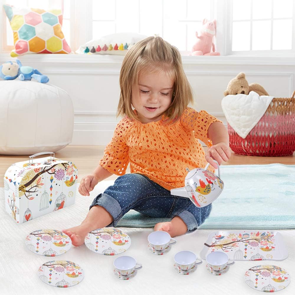 Baby Tea Set Toy, 14 Kids Pretend Toy Tin Tea Set + 1 Portable Carrying