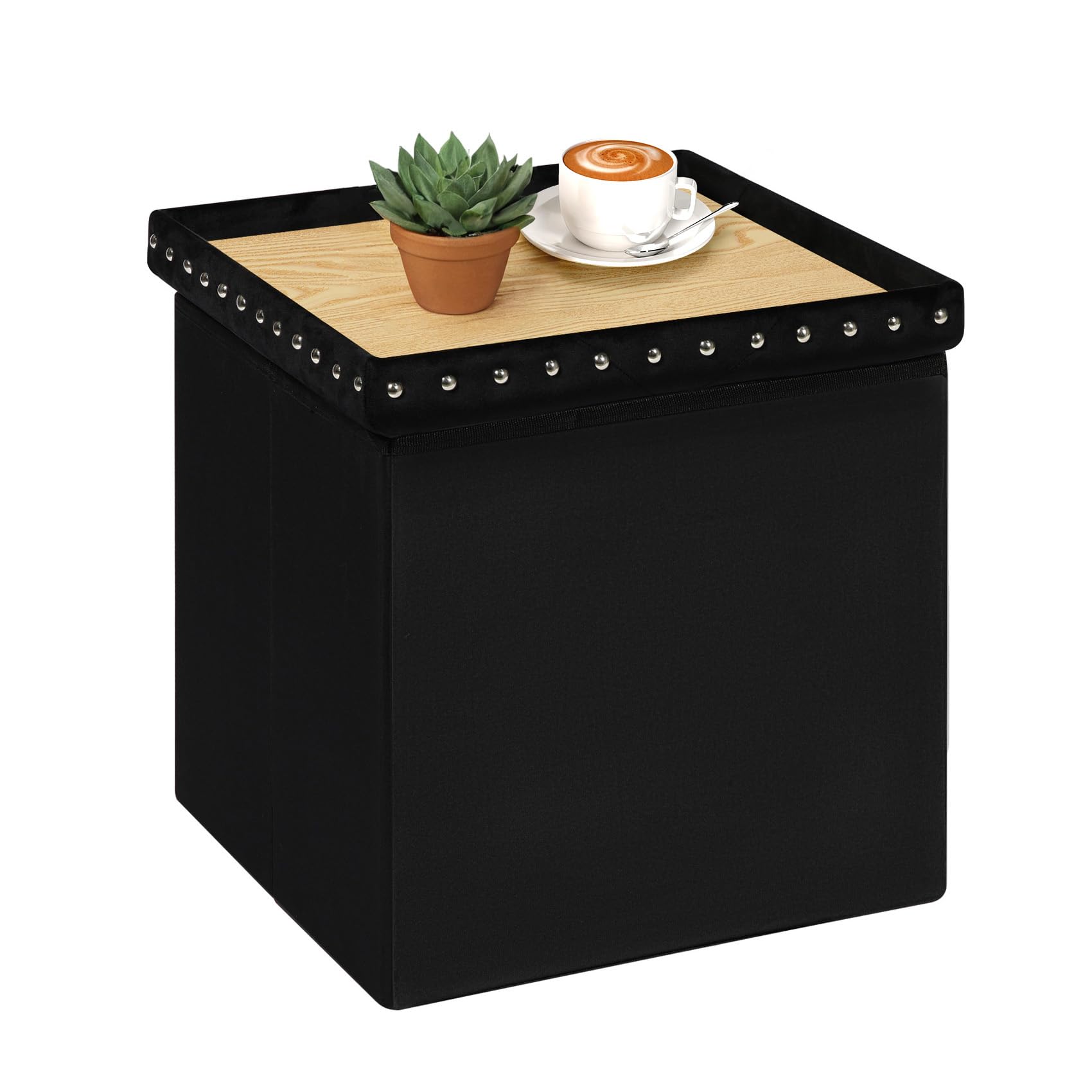Bonlife Velvet Ottoman with Storage,Large Storage Boxes with Lids,Folding Coffee Table Ottoman Seat,Footstool for Living Room,Black,40x40x40cm