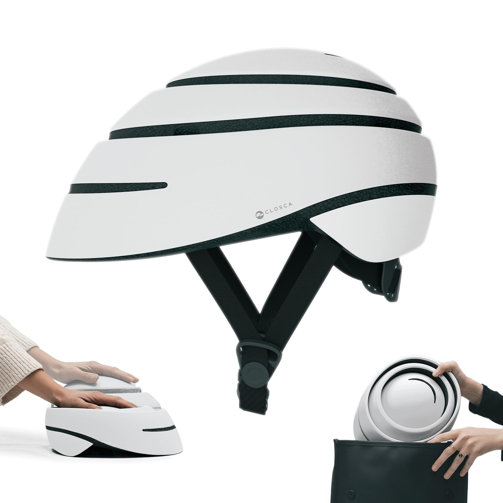 CLOSCA. Foldable helmet for bicycle and electric scooter. Lightweight, compact and certified. Urban unisex design for men and women. Adult bike helmet for cycling and city commuting.