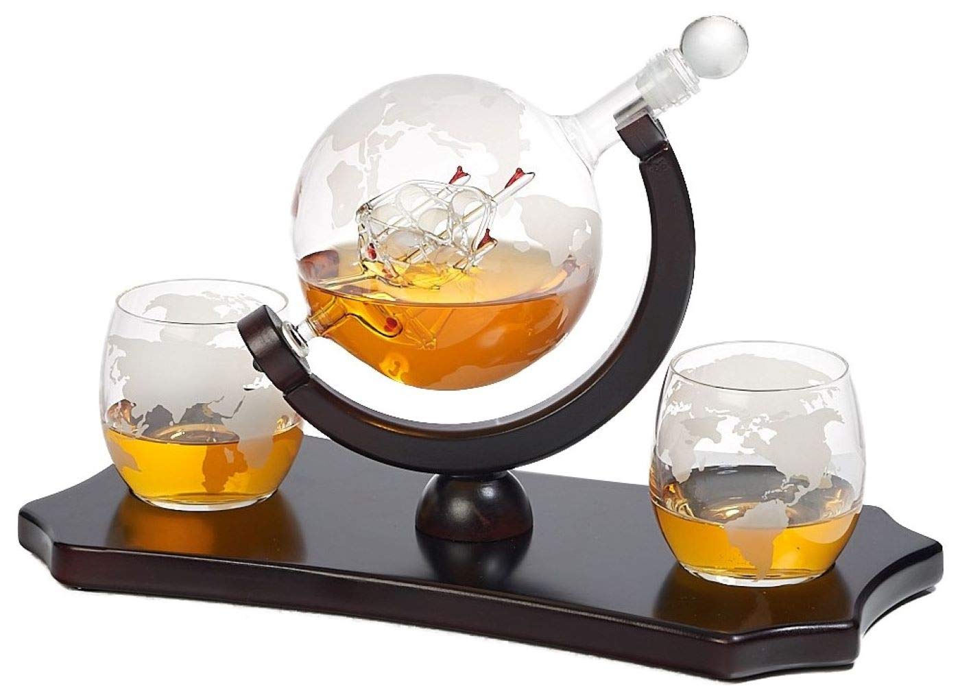 Bezrat Etched Globe Whiskey Decanter Set + 2 Whisky Glasses on Rich Wood Classic Mahogany Base Tray - Gift Packaging - Antique Ship Whiskey Dispenser for Liquor Scotch Bourbon Vodka 850ML