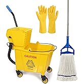 Commercial Mop Bucket with Side- Press Wringer Combo on Wheels, 35QT, Yellow,Including One Heavy Duty Industrial Mop and One 