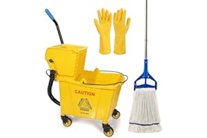 Commercial Mop Bucket with Side- Press Wringer Combo on Wheels, 35QT, Yellow,Including One Heavy Duty Industrial Mop and One 