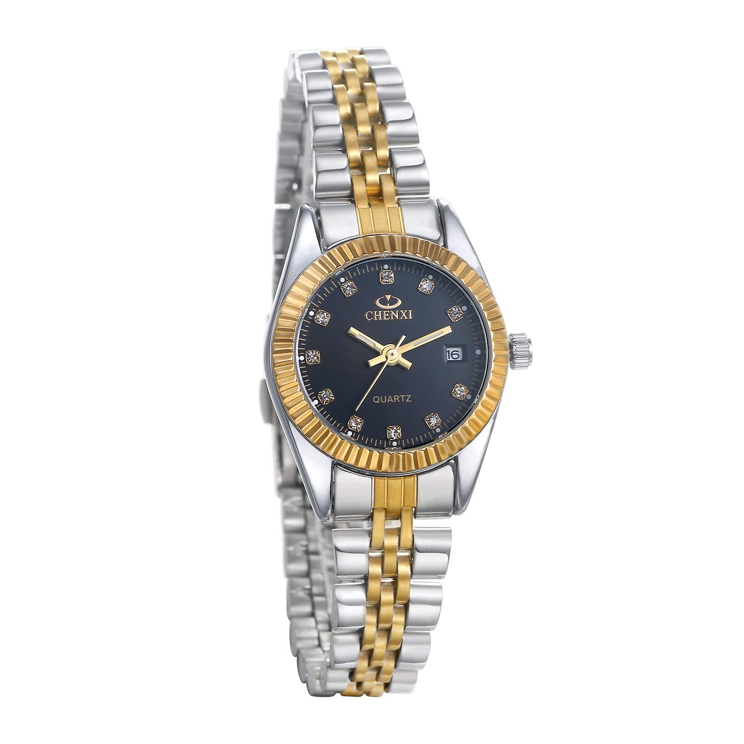 JewelryWe His and Her Matching Couple Watches Gold-Silver Tone Quartz Calendar Watch,Women's Black