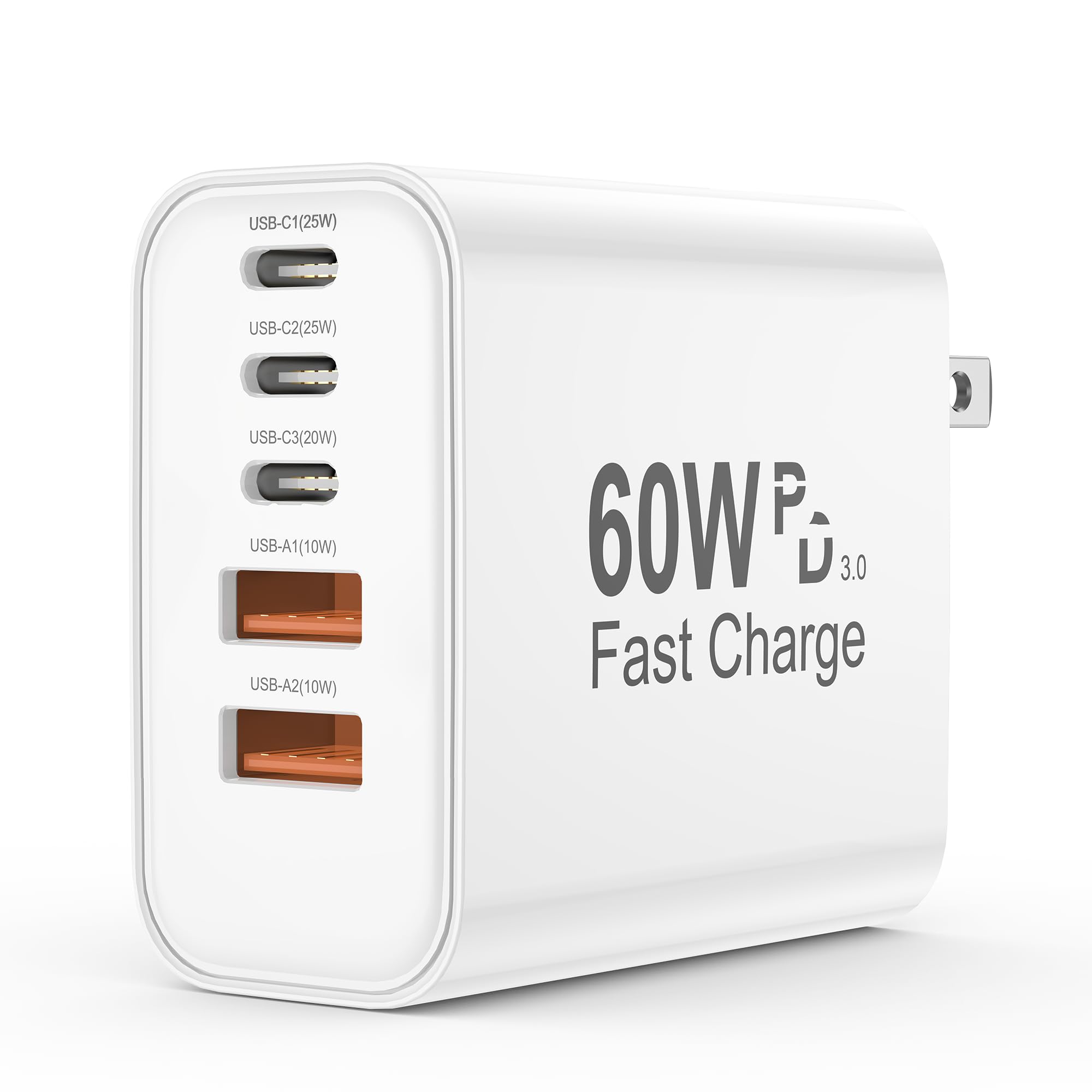 Photo 1 of USB C Charger Block, 5 in 1 60W Charging Blocks, PD 3.0 25W Single Max Fast Charger, QC 2A USB Wall Charger for iPhone 16 15 14 13 12 11 Pro Max, iPad, iPod, Samsung, AirPods Pro, Apple Watch Series