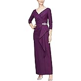 Alex Evenings Womens Slimming Long Length ¾ Sleeve Mother of The Bride Dress with Cascade Ruffle Skirt and Side Ruching