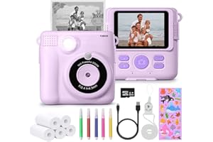 FUNKAM Instant Print Camera for Kids - 2.4" HD 1080P - with 32GB SD Card, 5 Markers, Stickers, 5 Paper Rolls, Lanyard. Camera Boys and Girls from 3 to 14 Years Old. (Purple)