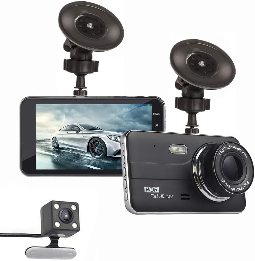 Dual Dash Cam Car Camera 1080P Front and 720P Rear View Backup Camera, 4.0" LCD Screen 351°Wide Angle with Ultra Clear Night Vision, G-Sensor, Parking Monitor, Motion Detection, WDR
