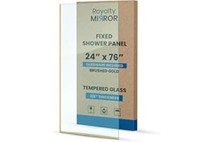 ROYALTY MIRROR Royalty Fixed Shower Screen - 24" x 76" Frameless 3/8" Clear Tempered Glass Panel with Hardware - Easy Clean Smart Guard Coating - Minimalist Modern Design for Bathroom - Brushed Gold