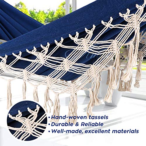 Anyoo Hängematte Outdoor Große Baumwoll Hängematte mit Baum Gurten, Bequem und Atmungsaktive Hängematte mit Fransen für Garten Terrasse Balkon Hof Strand Dunkelblau – Bild 3